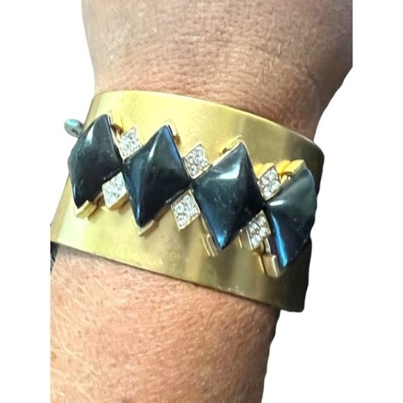 Gerard Yosca Black Howlite Brass Open Cuff Bangle Bracelet Vintage - Picture 4 of 6